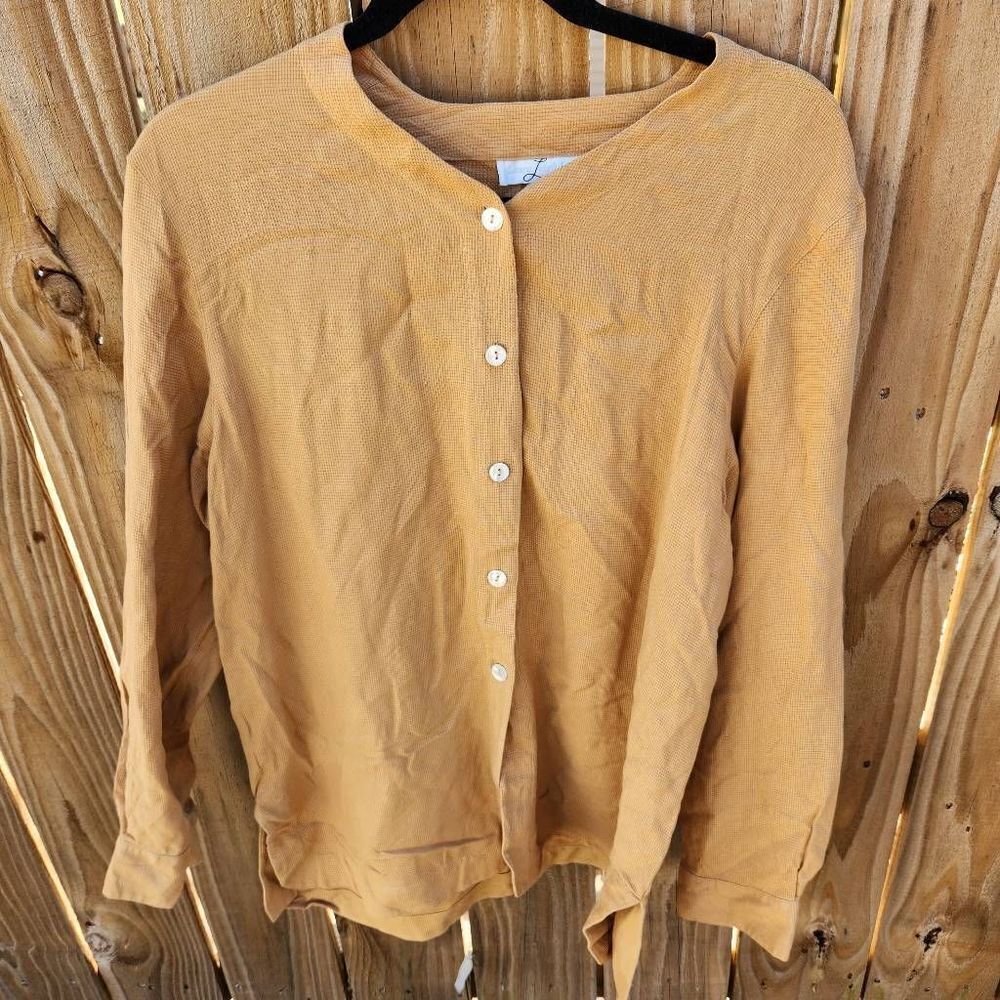 Laura Leigh LTD 100% Silk Camel Tan Women's Large Button Up